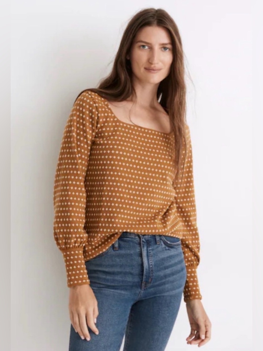 Madewell Square Neck Long-Sleeve Dot Knit Top inmustard size small #1083